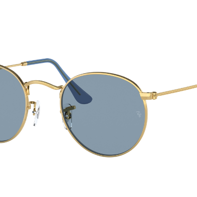 Round sunglasses with gold frame and blue lenses on a white background