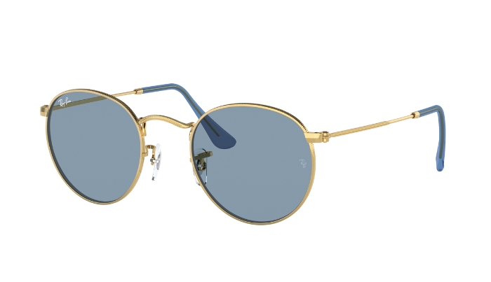 Round sunglasses with gold frame and blue lenses on a white background