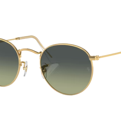 Gold-framed Ray-Ban sunglasses with green gradient lenses on a white background