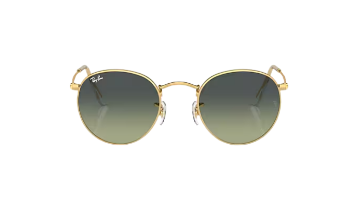 Gold-framed Ray-Ban sunglasses with green gradient lenses on a white background