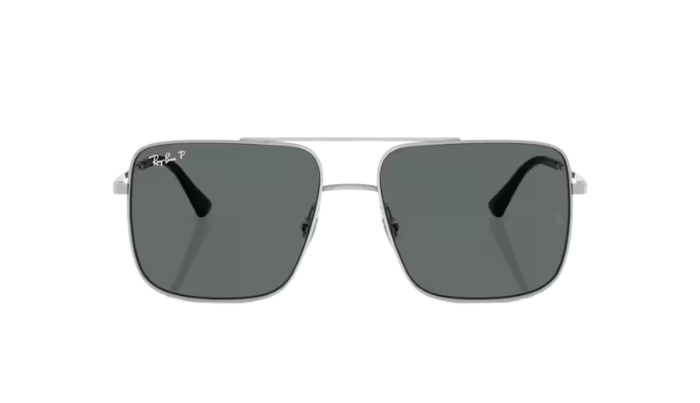 RAYBAN Sunglasses with dark lenses and silver frame on a white background