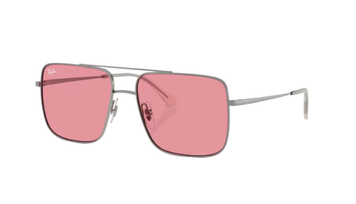 Sunglasses with pink lenses and silver frame on a white background