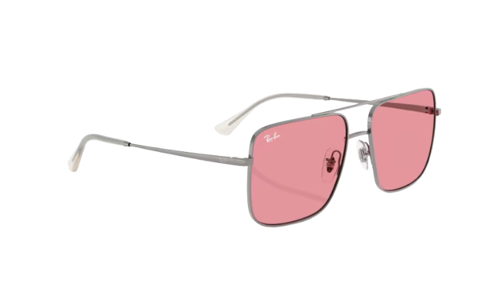 Sunglasses with pink lenses and silver frame on a white background