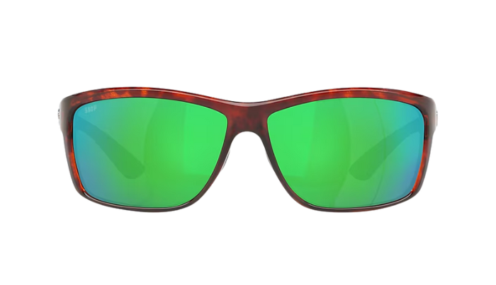 Costa Sunglasses with tortoise frame and green lenses on a white background