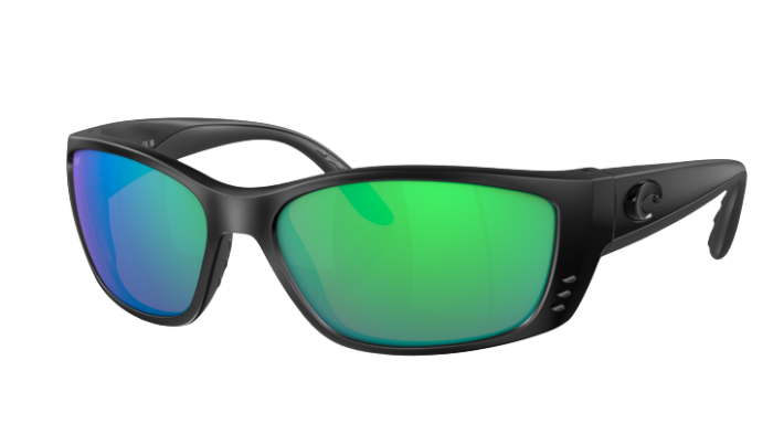 Costa Black sunglasses with green and blue lenses on a white background