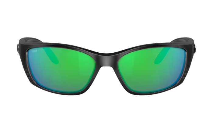 Costa Sunglasses with green lenses and black frame on a white background