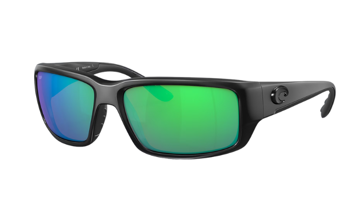 Black Costa wraparound Sunglasses with green mirror lenses on a white background