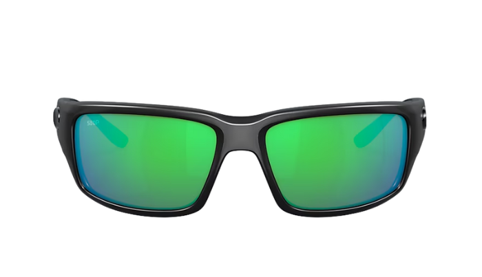 Black Costa wraparound Sunglasses with green mirror lenses on a white background