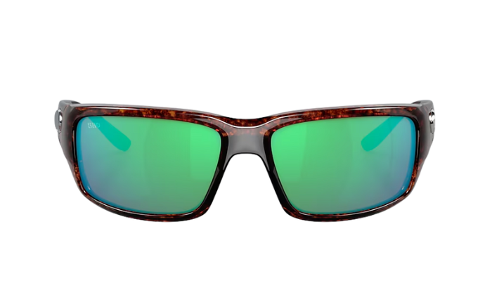 Costa Sunglasses with wraparound tortoiseshell frame and green lenses on a white background