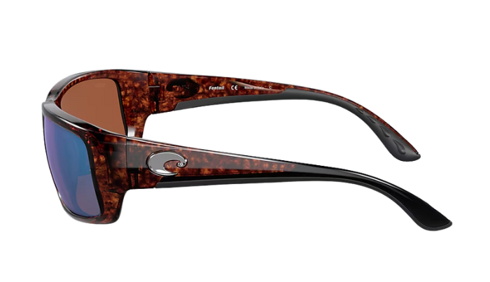 Costa Sunglasses with wraparound tortoiseshell frame and green lenses on a white background