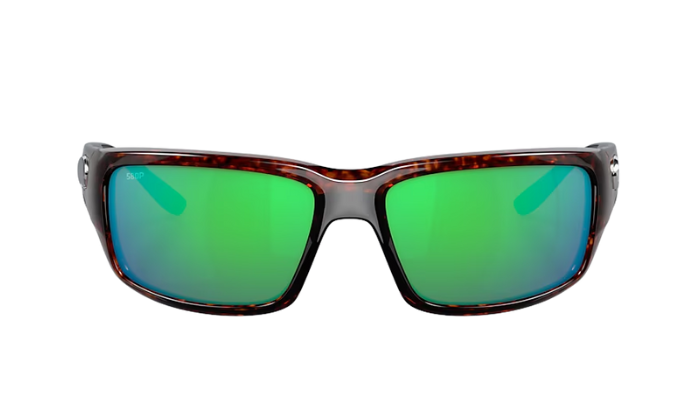 Costa Sunglasses with wraparound tortoiseshell frame and green lenses on a white background