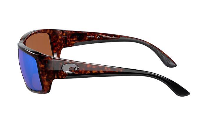 Costa Sunglasses with wraparound tortoiseshell frame and green lenses on a white background