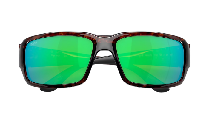 Costa Sunglasses with wraparound tortoiseshell frame and green lenses on a white background