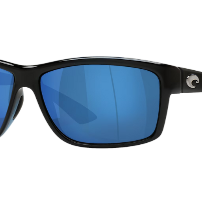 Black Costa sunglasses with blue lenses on a white background