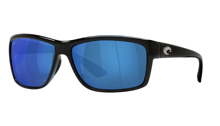 Black Costa sunglasses with blue lenses on a white background