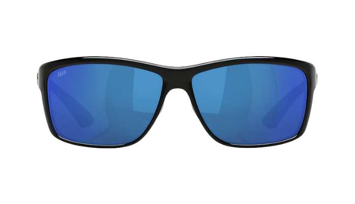 Black Costa sunglasses with blue lenses on a white background