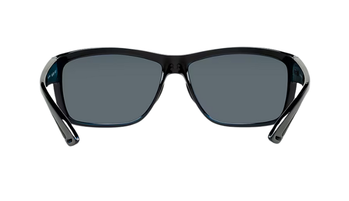 Black Costa sunglasses with blue lenses on a white background