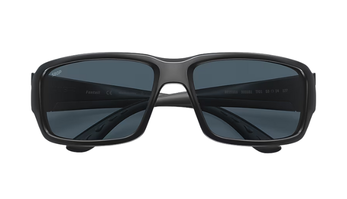 Black Costa wraparound sunglasses with a Costa brand logo on a white background