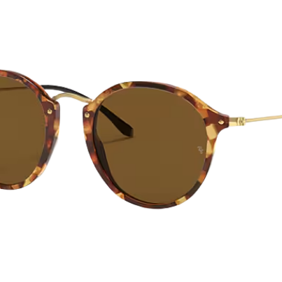 Round Ray-Ban sunglasses with tortoiseshell frame and brown lenses on a white background
