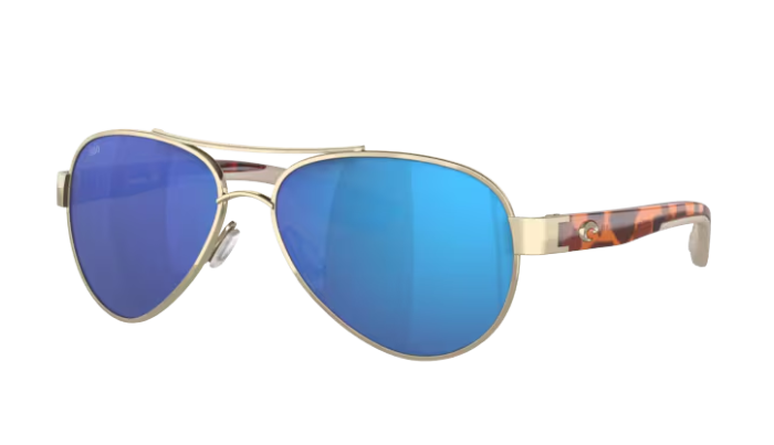 Aviator Costa sunglasses with blue lenses and gold frame on a white background