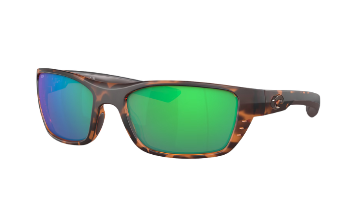 Costa Sunglasses with tortoiseshell frame and green mirror lenses on a white background