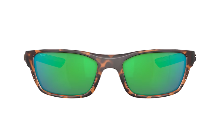 Costa Sunglasses with tortoiseshell frame and green mirror lenses on a white background