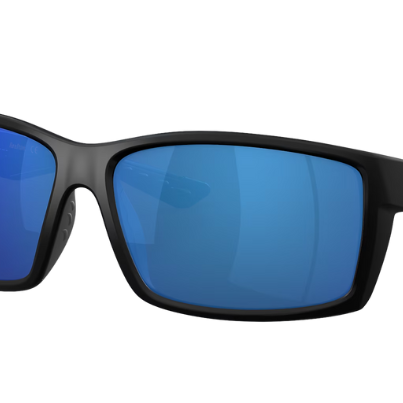 Black Costa sunglasses with blue lenses on a white background