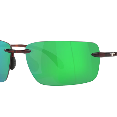 Rimless Costa Sunglasses with green mirror lenses and tortoise shell frames on a white background