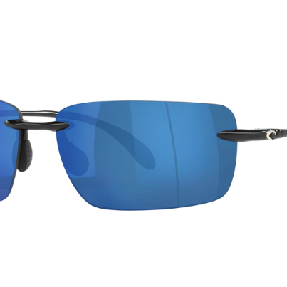 Rimless Costa Sunglasses with blue lenses and black frames on a white background