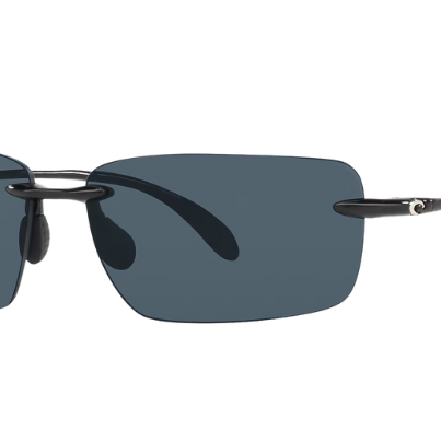 Rimless Costa Sunglasses with gray lenses and black frames on a white background