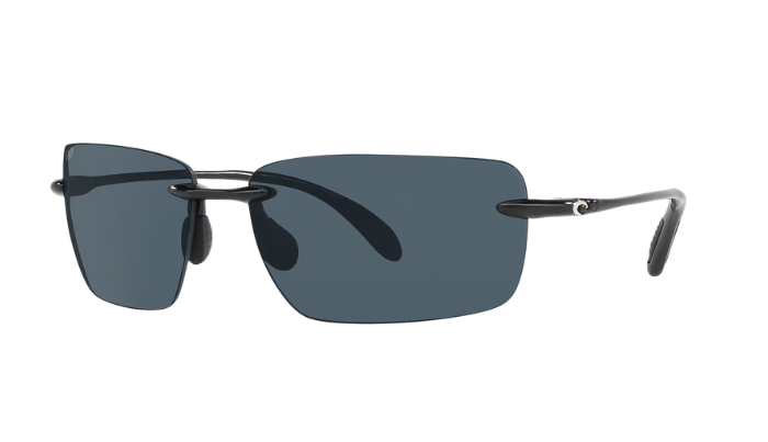 Rimless Costa Sunglasses with gray lenses and black frames on a white background