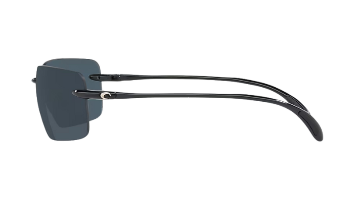 Rimless Costa Sunglasses with gray lenses and black frames on a white background