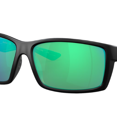 Black Costa sunglasses with green lenses on a white background