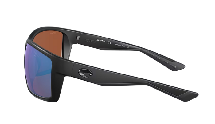 Black Costa sunglasses with green lenses on a white background