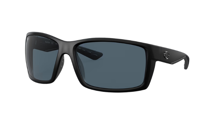 Black Costa sunglasses with gray lenses on a white background