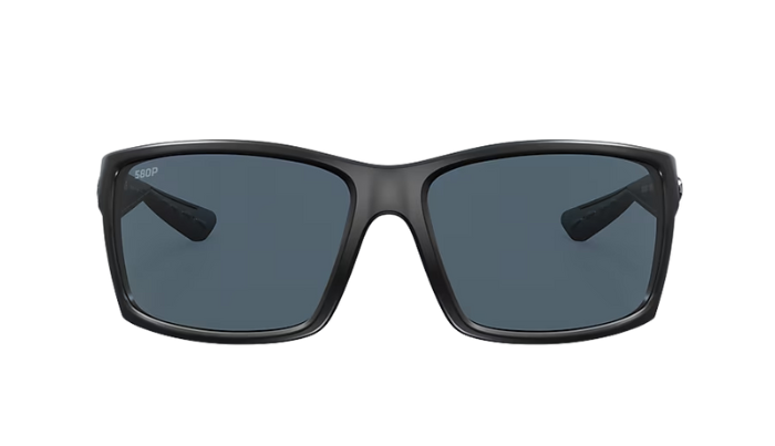 Black Costa sunglasses with gray lenses on a white background