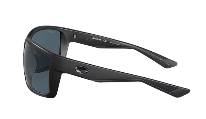 Black Costa sunglasses with gray lenses on a white background
