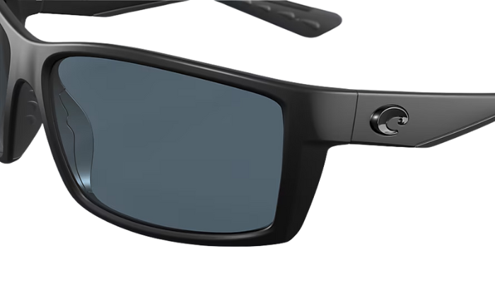 Black Costa sunglasses with gray lenses on a white background