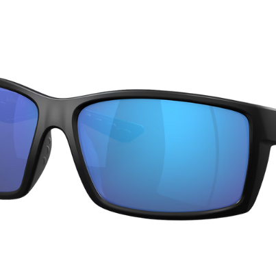 Black Costa sunglasses with blue lenses on a white background