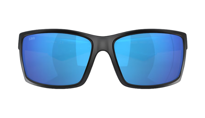 Black Costa sunglasses with blue lenses on a white background