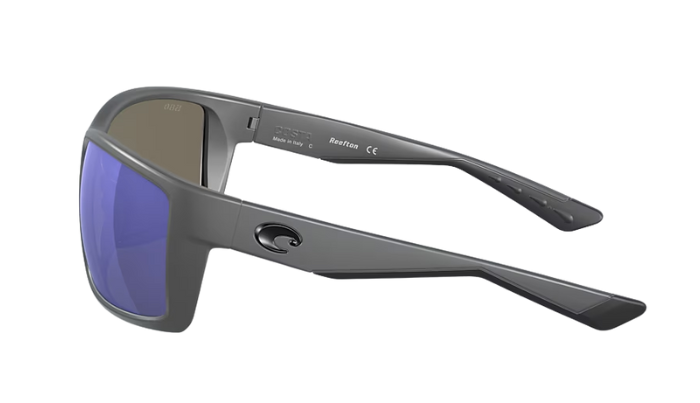 Matte Gray Costa sunglasses with blue lenses on a white background