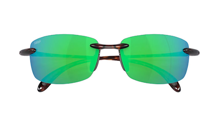 Green reflective sunglasses on a white background