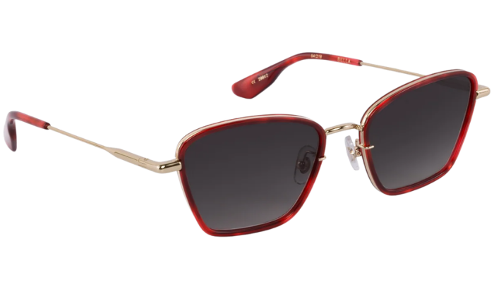 Krewe sunglasses with red frames and dark lenses on a white background