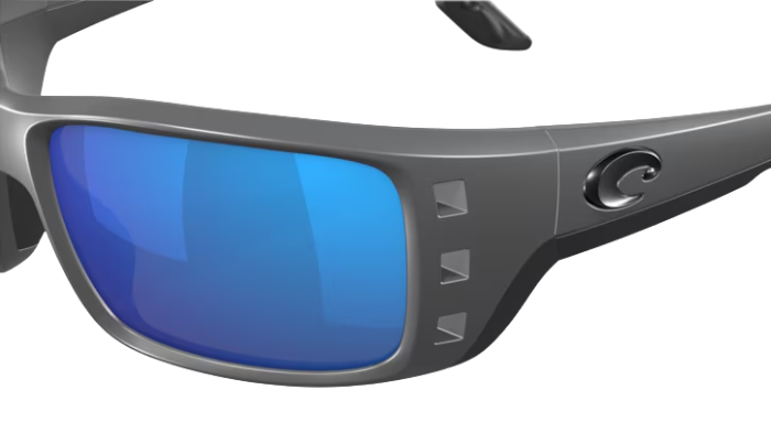 Matte Gray Costa wraparound sunglasses with blue lenses on a white background