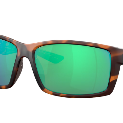 Tortoise shell Costa sunglasses with green mirror lenses on a white background