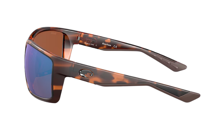 Tortoise shell Costa sunglasses with green mirror lenses on a white background