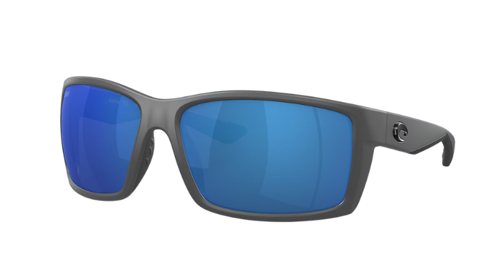 Matte Gray Costa sunglasses with blue lenses on a white background
