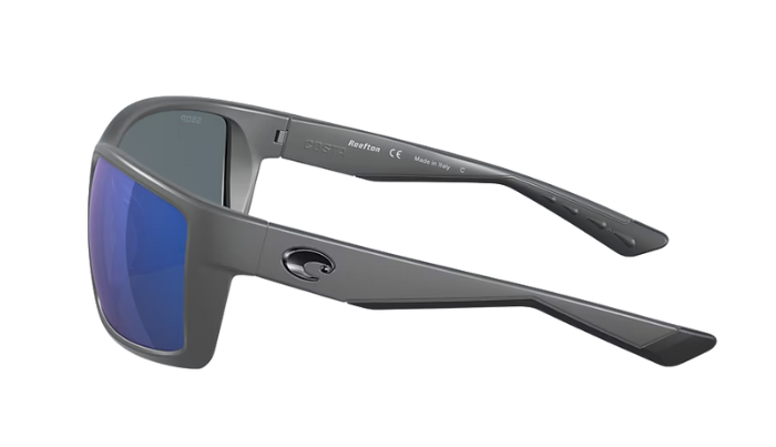 Matte Gray Costa sunglasses with blue lenses on a white background
