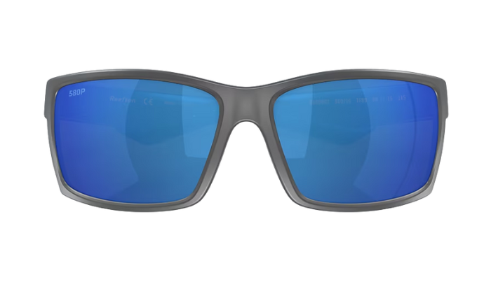 Matte Gray Costa sunglasses with blue lenses on a white background