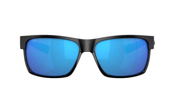 Costa Sunglasses with blue lenses and black frame on a white background